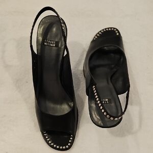 Stuart Weitzman Black Studded Open-Toe Slingback Heels